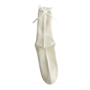 Japanese style ivory white mid-calf socks with vertical ribs and elegant satin bows