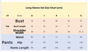 Size chart for the long sleeve two-piece wide-leg pants set with detailed measurements