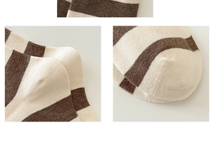Detailed view of reinforced heel and toe on brown striped cotton crew socks