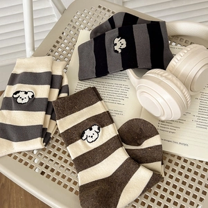 Women Cotton Crew Socks Striped Pattern Cartoon Dog Embroidery Breathable Japanese Style Preppy Soft Mid Calf Hosiery