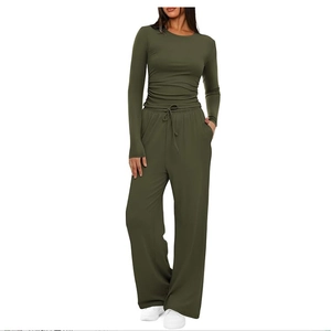 Women's 2-piece olive green lounge set with long sleeve top and drawstring wide leg pants