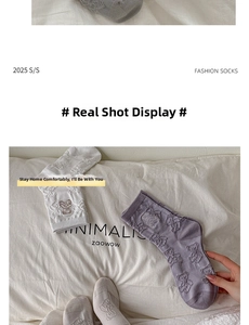 Three pairs of cute bear patterned crew socks in white, purple, and grey colors