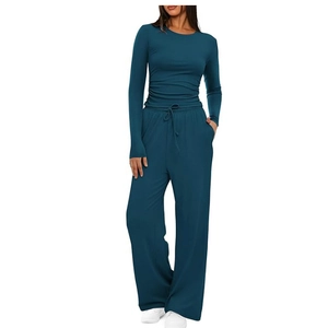 Women's 2-piece lounge set with long sleeve top and drawstring wide leg pants in dark teal