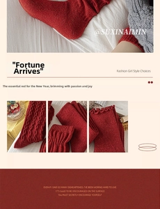 Detailed knit texture of red wool festive socks with elegant ruffle cuffs for winter