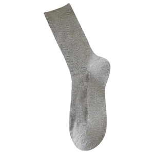 Vertical view of grey ribbed mid-calf knit socks with minimalist cotton texture