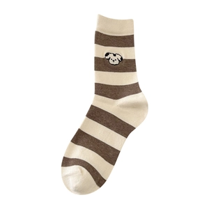Japanese style striped crew socks with cute dog embroidery in brown and beige colors