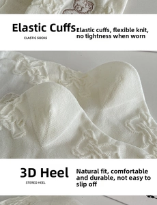 Close-up of white knitted cotton socks featuring a cute 3D bear embroidery pattern