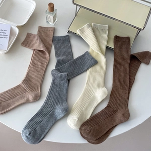 Women Slouch Socks Combed Cotton Ribbed Knit Retro Japanese Style Knee High Calf Long Stockings Breathable