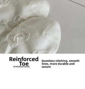 Close-up of reinforced seamless toe on white cotton socks with cute bear pattern
