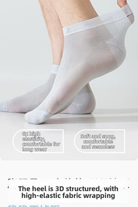 Detail of white silk men's socks showing 3D heel design and breathable elastic fabric