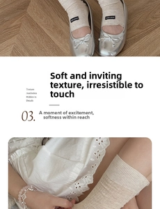 Close-up of thin beige ribbed calf socks with silver metallic bow flats and lace dress