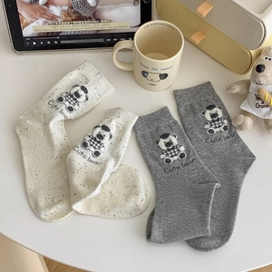 Women Mid Calf Socks Cotton Blend Breathable Flocking Cartoon Bear Pattern Japanese Style Cute Striped Hosiery