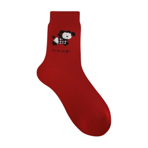 Festive red cotton mid-calf socks with cute cartoon puppy embroidery and ribbed cuffs