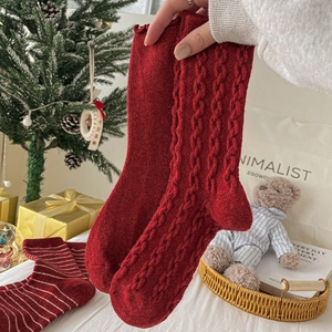 Women Wool Blend Mid Calf Socks Thick Warm Cable Knit Ruffle Cuff Striped Festive Winter Red