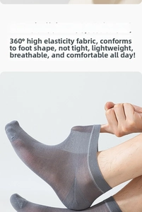 Detailed close-up of gray thin men's summer sock showing high elasticity and breathable mesh