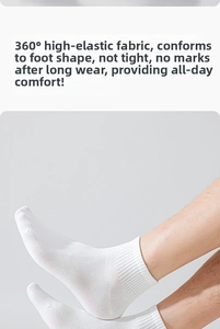 Close-up of white cotton crew sock showing 360-degree high elasticity and ribbed cuff texture