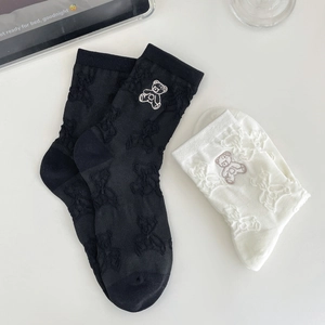 Mid-calf cotton socks featuring 3D bear texture and colorful bear embroidery