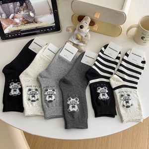 Set of six cute mid-tube cotton socks with flocked bear embroidery and striped patterns