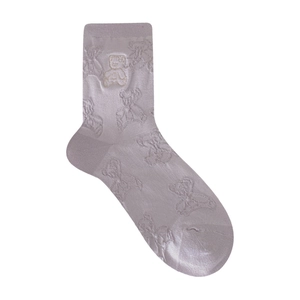 Light purple crew socks featuring 3D teddy bear jacquard patterns and ribbed cuffs