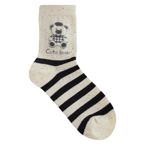 Cute cream-colored striped socks with bear embroidery and 'Cute bear' text