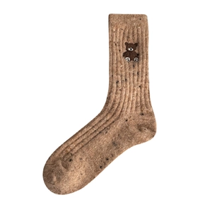 Chaussettes en laine marron avec broderie ours, mi-mollet en tricot pour automne hiver