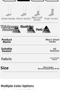 Comparison chart of four sock heights featuring high-elastic long-staple cotton material