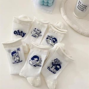 Women Mid Tube Socks Cotton Nylon Cartoon Cat Girl Embroidery Rolled Edge Breathable Summer Japanese Kawaii Style White
