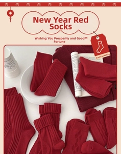 Close-up of red festive knit socks featuring classic ribbed and cable patterns