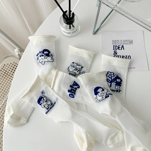 Japanese style white cotton crew socks with cartoon embroidery and navy blue accents