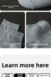 Detailed view of seamless toe, elastic cuff and reinforced heel of grey business socks