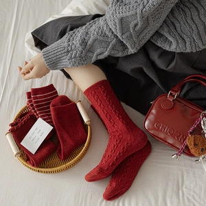 Women's deep red wool blend cable knit crew socks with ruffled edges for winter