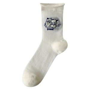 Japanese style white mid-calf socks with cat embroidery and rolled edges for summer