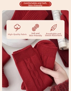 Detailed close-up of red cable knit texture on thick winter cotton crew socks