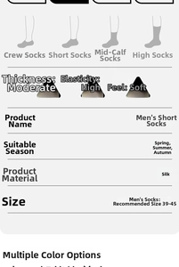 Detailed chart of men's mulberry silk socks showing size, material, and height options