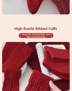 Close-up of red winter socks with high-elastic ribbed cuffs and tight knit texture
