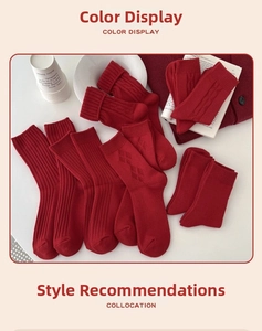 Detailed view of assorted red knit socks with argyle and cable patterns on a white table