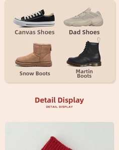 Detail showing classic red knit fabric paired with various winter boots and sneakers