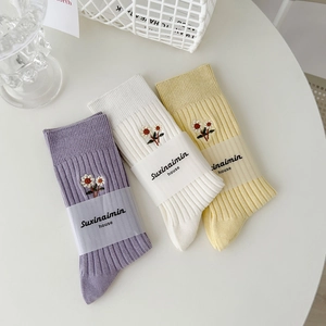 Calze Metà Polpaccio Donna Cotone Costine Dolce Margherita Ricamata Colori Macaron Traspiranti