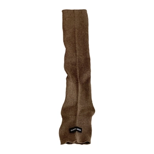 Deep brown ribbed knit leg warmers with minimalist patch, soft elastic calf sleeves