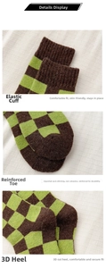 Detail of checkered wool socks showing elastic cuffs and reinforced toe stitching