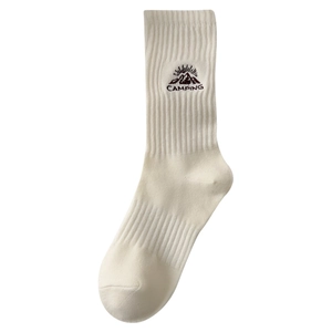 Off-white cotton crew socks with camping mountain embroidery and ribbed cuffs