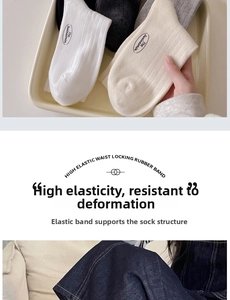 Close-up of ribbed cotton crew socks showing logo details and high elasticity material