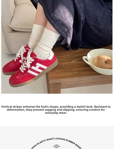 Detail of cream high-elastic ribbed cotton socks paired with retro red sneakers