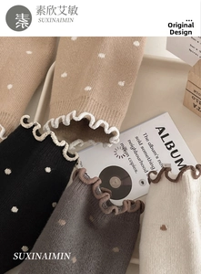 Close-up of winter thermal socks featuring polka dot patterns and ruffled trim edges