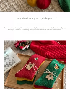 Detail of Christmas knitted socks with gingerbread man embroidery and festive gift tags