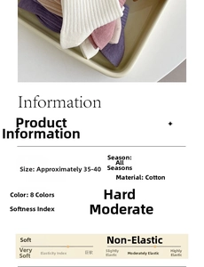 Detailed info for cotton slouch socks in 8 colors with size 35-40 and fabric specs