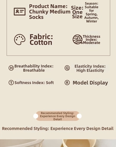 Detail specifications card for cotton crew socks showing fabric and elasticity features