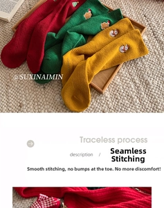 Detail of Christmas crew socks with seamless toe and holiday embroidery patterns