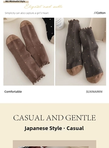 Detail of warm winter cotton crew socks with polka dots and ruffled frill cuffs