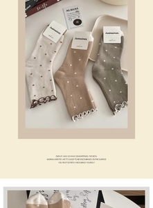 Detailed close-up of thick thermal combed cotton socks with wavy edges and polka dot patterns